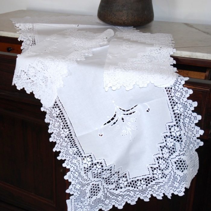 Set of 3 handmade cutwork white tablecloth