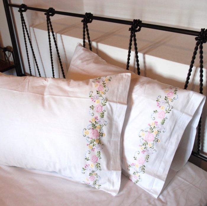 Handmade set of pillowcases embroidered with floral design